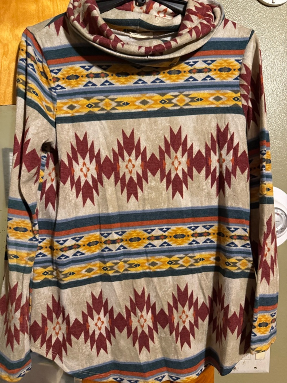 Cowl Neck Long Sleeve Tee in Beige with Maroon & Mustard Aztec Print